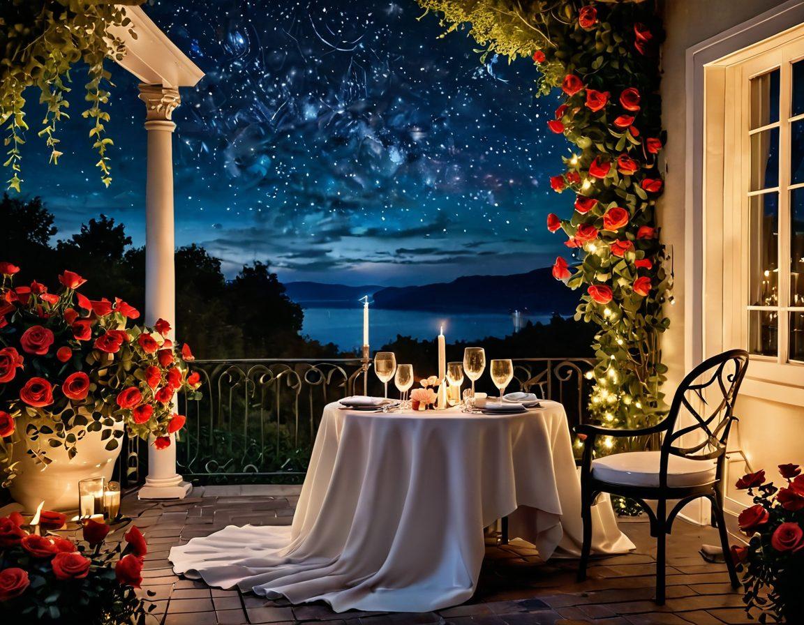 A romantic setting featuring a candlelit table for two under a starry night sky, surrounded by soft flowing fabric and lush roses, creating an atmosphere of intimacy and allure. Include a couple engaged in deep conversation, with sparkling wine glasses and a hint of passion in their expressions. Emphasize warmth and connection. super-realistic. vibrant colors. dreamy atmosphere.