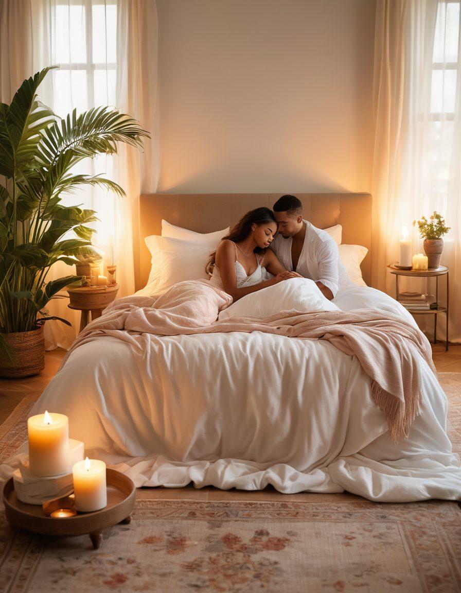 A serene and inviting bedroom setting bathed in soft, warm light, featuring elegantly draped fabrics, a plush bed with luxurious pillows, and delicate candles casting a gentle glow. In the foreground, a couple engaged in a tender moment, symbolizing intimacy and connection, surrounded by nature-inspired decor like plants and flowers. An ethereal atmosphere that evokes feelings of desire and transformation, suggesting a journey towards deeper intimacy. super-realistic. vibrant colors. soft focus.